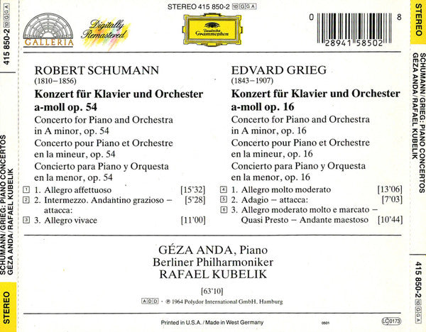 Robert Schumann / Edvard Grieg - Géza Anda, Berliner Philharmoniker, Rafael Kubelik : Piano Concertos (CD, RE, RM, PDO)