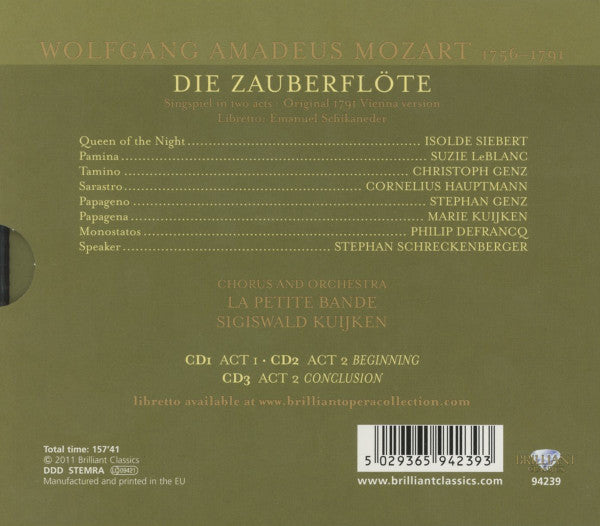 Wolfgang Amadeus Mozart, La Petite Bande, Sigiswald Kuijken : Die Zauberflöte (3xCD, Album, RE)