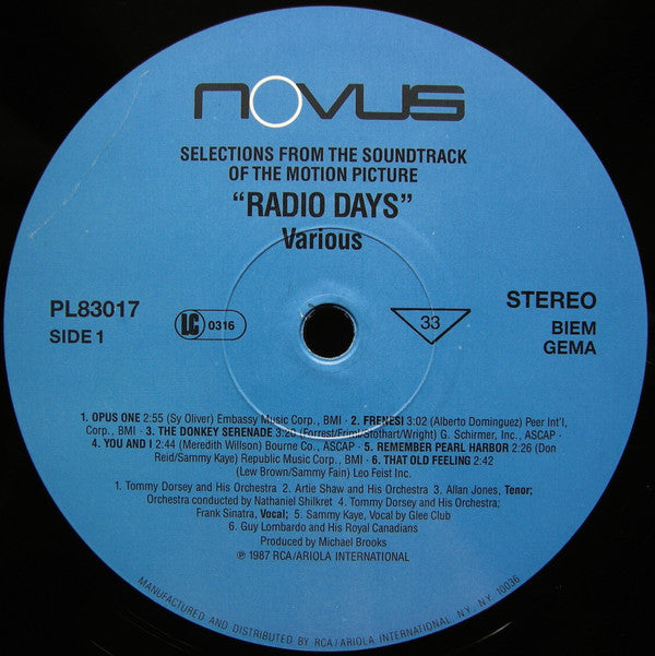 Various : Radio Days – Selections From The Original Soundtrack Of The Motion Picture (LP, Comp)