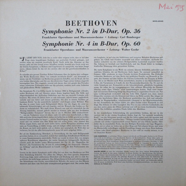 Ludwig Van Beethoven, Carl Bamberger, Walter Goehr, Frankfurter Opern- Und Museumsorchester : Symphonie Nr. 2 In D-Dur / Symphonie Nr. 4 In B-Dur (LP)