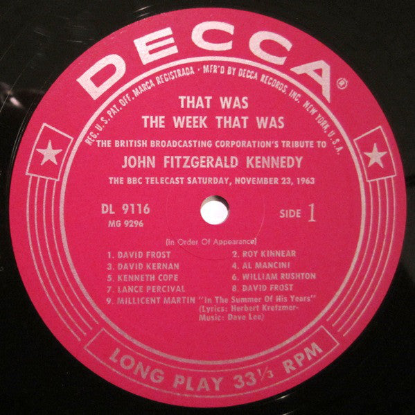 British Broadcasting Corporation : That Was The Week That Was: The British Broadcasting Corporation's Tribute To John Fitzgerald Kennedy (LP, Album)