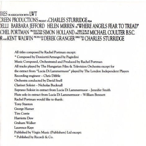 Rachel Portman : Where Angels Fear To Tread - Original Soundtrack (CD, Album)