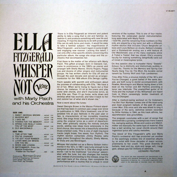 Ella Fitzgerald With Marty Paich Orchestra : Whisper Not (LP)