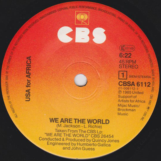 USA For Africa : We Are The World (7", Single, Sol)