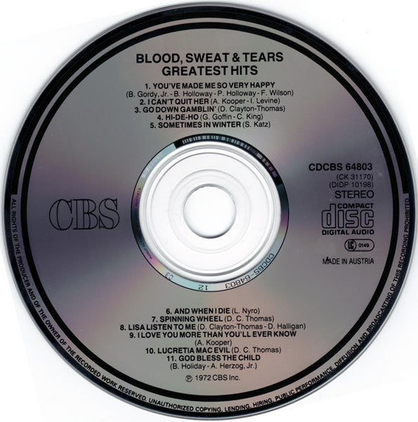 Blood, Sweat And Tears : Greatest Hits (CD, Comp, RE)