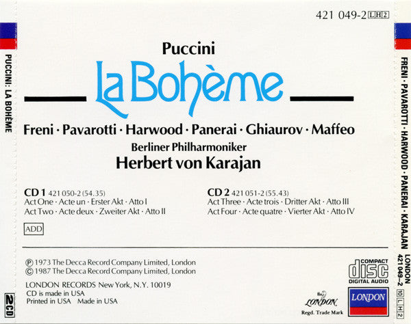 Giacomo Puccini, Mirella Freni, Luciano Pavarotti, Elizabeth Harwood, Nicolai Ghiaurov, Herbert von Karajan, Berliner Philharmoniker : La Bohème (Box, Album, RE, Sli + 2xCD, RE, RM)