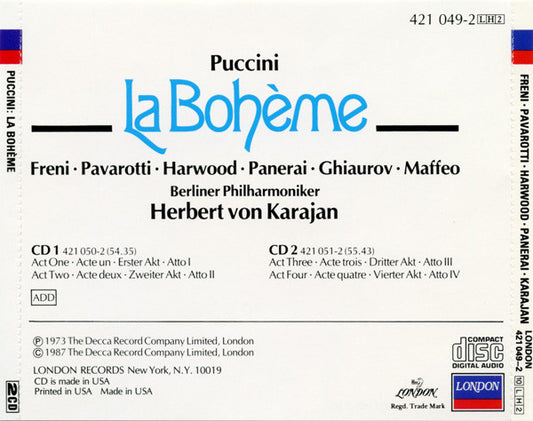 Giacomo Puccini, Mirella Freni, Luciano Pavarotti, Elizabeth Harwood, Nicolai Ghiaurov, Herbert von Karajan, Berliner Philharmoniker : La Bohème (Box, Album, RE, Sli + 2xCD, RE, RM)