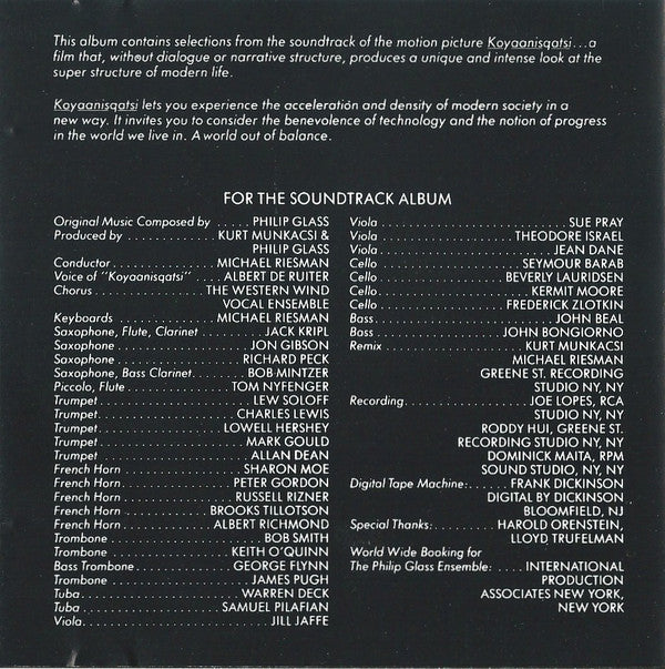 Philip Glass : Koyaanisqatsi (Original Soundtrack Album From The Film) (CD, Album, RE)