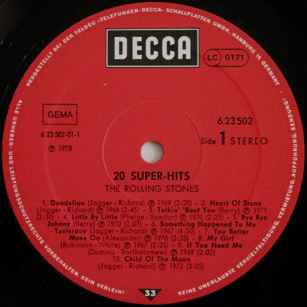 The Rolling Stones : 20 Super Hits By The Rolling Stones (LP, Comp)