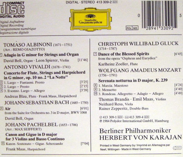 Tomaso Albinoni, Johann Pachelbel, Johann Sebastian Bach, Wolfgang Amadeus Mozart, Christoph Willibald Gluck, Berliner Philharmoniker, Herbert von Karajan : Albinoni: Adagio • Pachelbel:Canon • Bach: Air • Vivaldi: La Notte • Mozart: Serenata Notturna • Gluck: Reigen Seliger Geister = Dance Of The Blessed Spirits (CD, Album, RE, PDO)