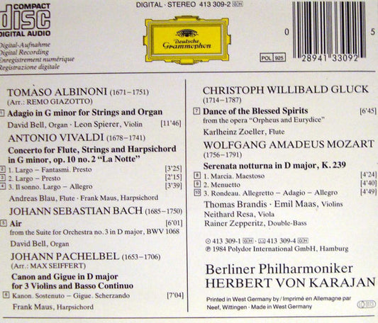 Tomaso Albinoni, Johann Pachelbel, Johann Sebastian Bach, Wolfgang Amadeus Mozart, Christoph Willibald Gluck, Berliner Philharmoniker, Herbert von Karajan : Albinoni: Adagio • Pachelbel:Canon • Bach: Air • Vivaldi: La Notte • Mozart: Serenata Notturna • Gluck: Reigen Seliger Geister = Dance Of The Blessed Spirits (CD, Album, RE, PDO)