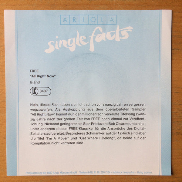 Free : All Right Now (7", Single, Pap)