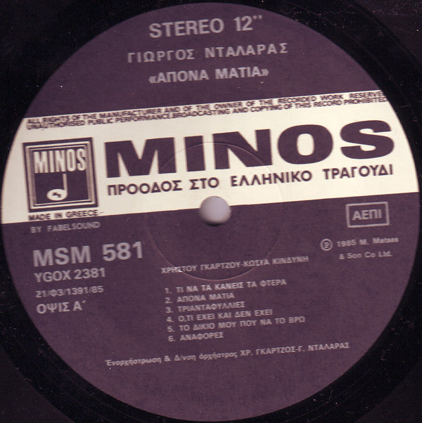 Γιώργος Νταλάρας : Άπονα Μάτια (LP, Album)