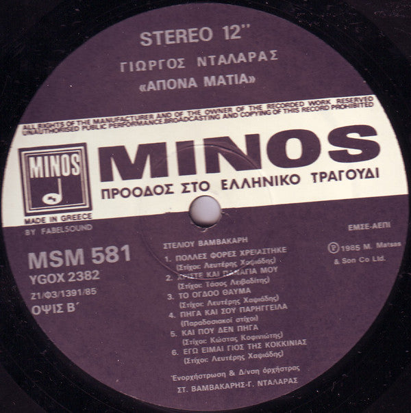 Γιώργος Νταλάρας : Άπονα Μάτια (LP, Album)