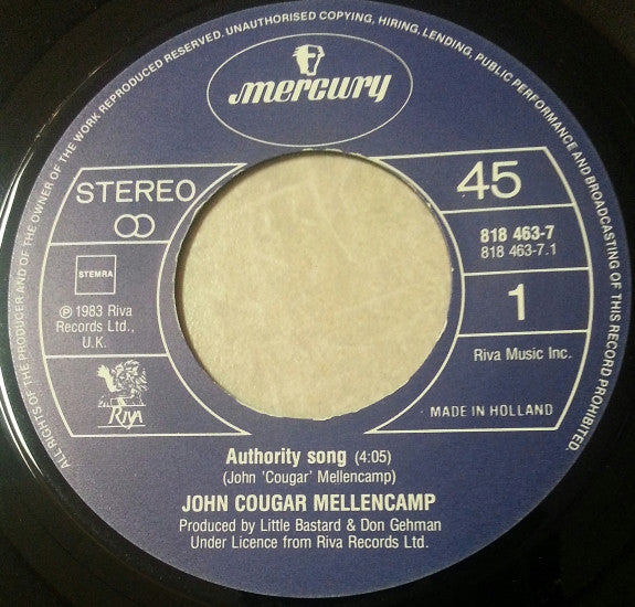 John Cougar Mellencamp : Authority Song (7", Single)