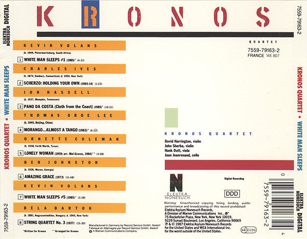 Kronos Quartet : White Man Sleeps (CD, Album, RE)