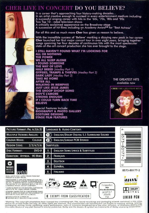Cher : Live In Concert (DVD-V, Multichannel, PAL, 5.1)