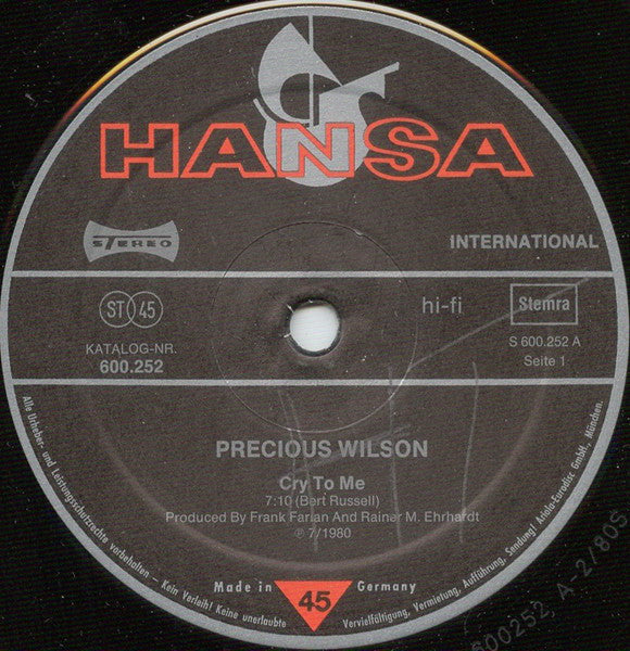 Precious Wilson : Cr-Cr-Cr-Cry To Me (12", Single)