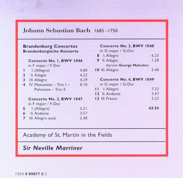 Johann Sebastian Bach, The Academy Of St. Martin-in-the-Fields, Sir Neville Marriner : Brandenburg Concertos Nos. 1-4 (CD)
