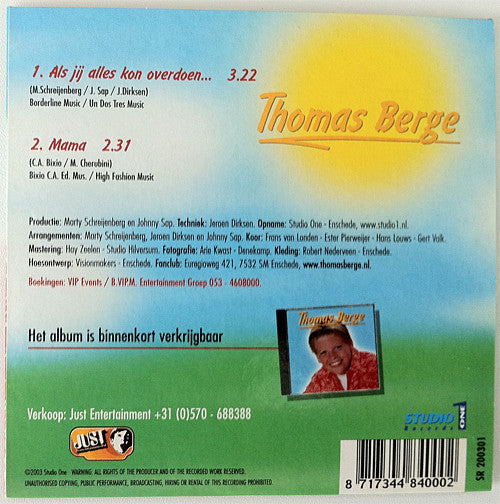 Thomas Berge : Als Jij Alles Kon Overdoen … (CD, Single)