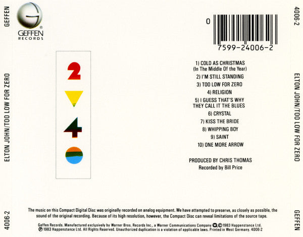 Elton John : Too Low For Zero (CD, Album, RE, Tar)