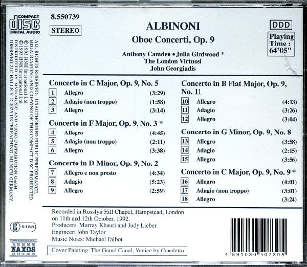Tomaso Albinoni - Anthony Camden, The London Virtuosi, John Georgiadis : Oboe Concerti Op. 9, Nos. 2, 3, 5, 8, 9 & 11 (CD, Album, P+O)