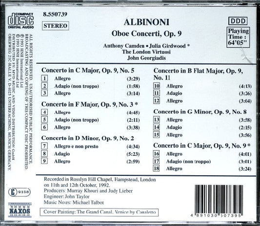 Tomaso Albinoni - Anthony Camden, The London Virtuosi, John Georgiadis : Oboe Concerti Op. 9, Nos. 2, 3, 5, 8, 9 & 11 (CD, Album, P+O)