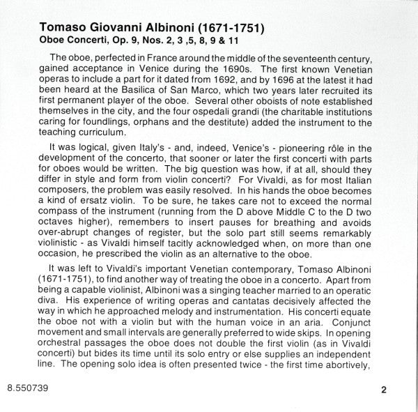 Tomaso Albinoni - Anthony Camden, The London Virtuosi, John Georgiadis : Oboe Concerti Op. 9, Nos. 2, 3, 5, 8, 9 & 11 (CD, Album, P+O)