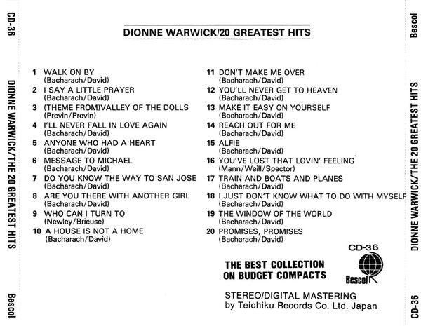Dionne Warwick : 20 Greatest Hits (CD, Comp, RM)
