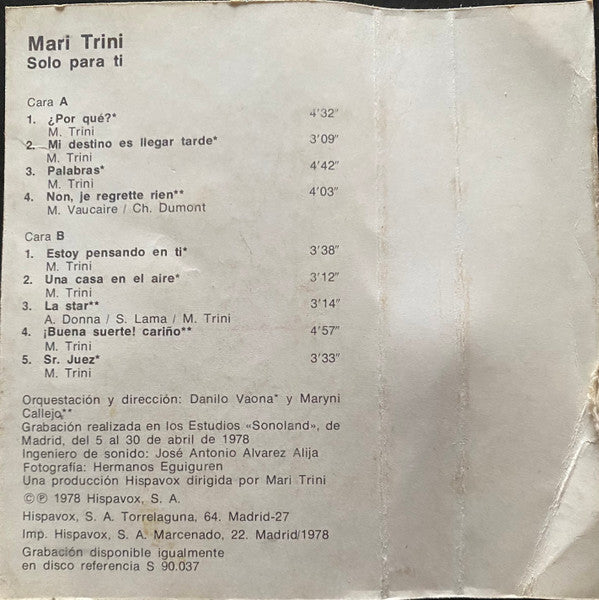Mari Trini : Solo Para Tí (Cass, Album)