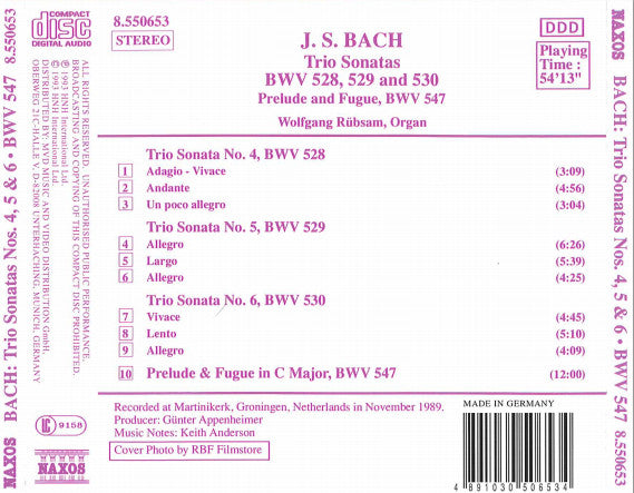 Johann Sebastian Bach - Wolfgang Rübsam (2) : Trio Sonatas: BWV 528, 529 And 530 / Prelude & Fugue, BWV 547 (CD, Album)