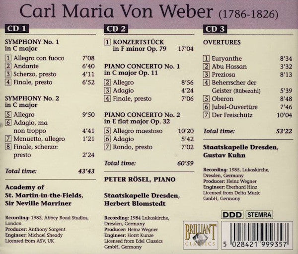 Carl Maria von Weber • The Academy Of St. Martin-in-the-Fields • Sir Neville Marriner • Staatskapelle Dresden • Herbert Blomstedt : Piano Concertos • Symphonies • Overtures (3xCD, Comp)