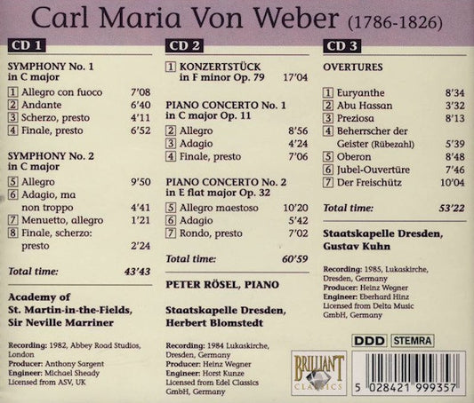 Carl Maria von Weber • The Academy Of St. Martin-in-the-Fields • Sir Neville Marriner • Staatskapelle Dresden • Herbert Blomstedt : Piano Concertos • Symphonies • Overtures (3xCD, Comp)