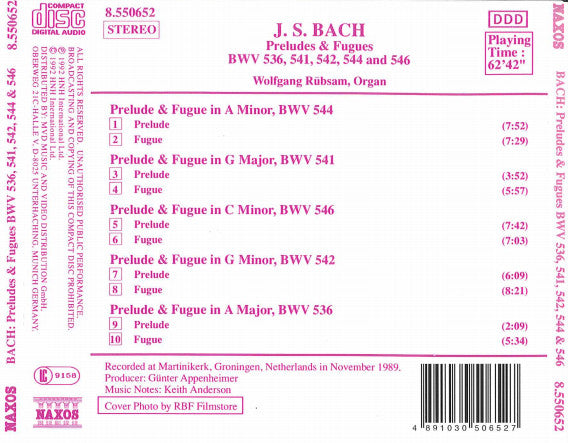 Johann Sebastian Bach - Wolfgang Rübsam (2) : Preludes & Fugues: BWV 536, 541, 542, 544 And 546 (CD, Album)