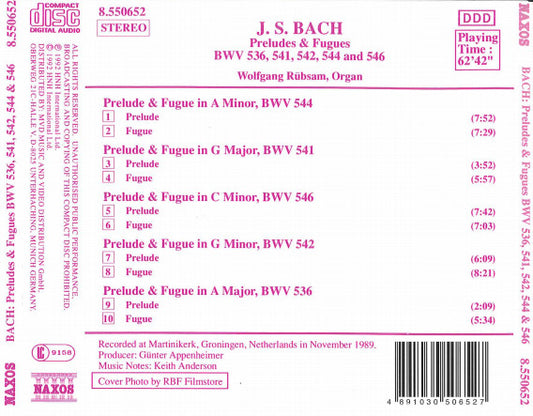 Johann Sebastian Bach - Wolfgang Rübsam (2) : Preludes & Fugues: BWV 536, 541, 542, 544 And 546 (CD, Album)