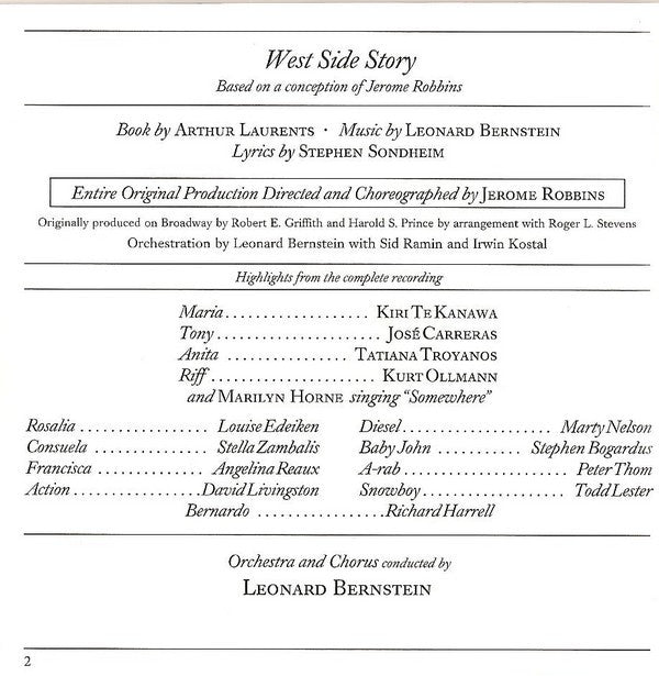 Leonard Bernstein : Kiri Te Kanawa • Tatiana Troyanos • Marilyn Horne • José Carreras • Kurt Ollmann : West Side Story - Highlights - Querschnitt (CD)