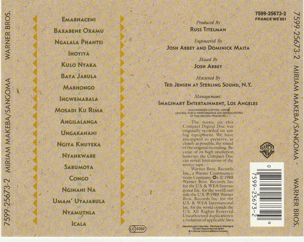 Miriam Makeba : Sangoma (CD, Album, RP)