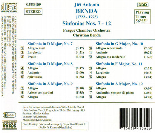 Georg Anton Benda - Prague Chamber Orchestra, Christian Benda : Sinfonias Nos. 7 - 12 (CD, Album)