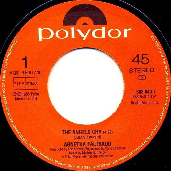 Agnetha Fältskog : The Angels Cry / We Move As One (7", Single)