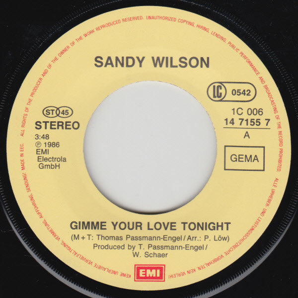 Sandy Wilson : Gimme Your Love Tonight (7", Single)