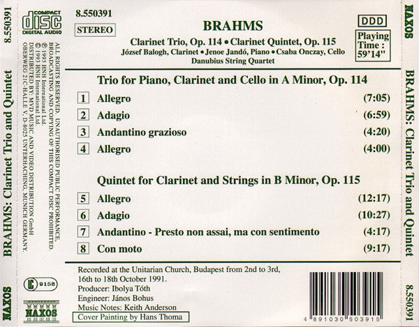 Johannes Brahms - József Balogh (2), Jenö Jandó, Csaba Onczay, Danubius String Quartet : Clarinet Trio, Op. 114 / Clarinet Quintet, Op. 115 (CD, Album)