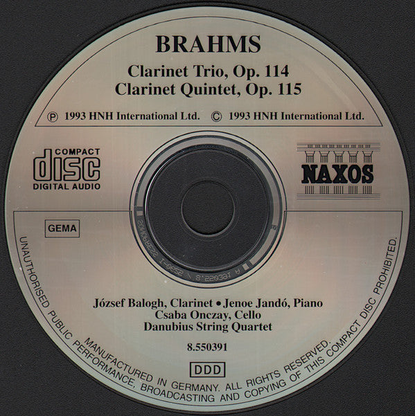 Johannes Brahms - József Balogh (2), Jenö Jandó, Csaba Onczay, Danubius String Quartet : Clarinet Trio, Op. 114 / Clarinet Quintet, Op. 115 (CD, Album)