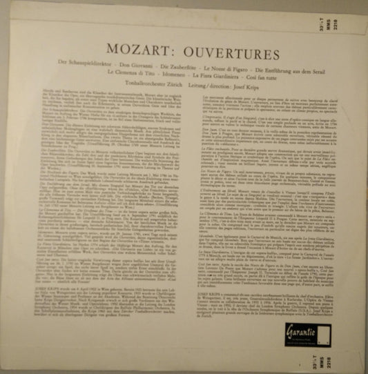 Wolfgang Amadeus Mozart, Josef Krips, Tonhalle-Orchester Zürich : Ouvertures (LP)