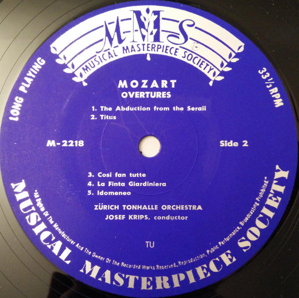 Wolfgang Amadeus Mozart, Josef Krips, Tonhalle-Orchester Zürich : Ouvertures (LP)