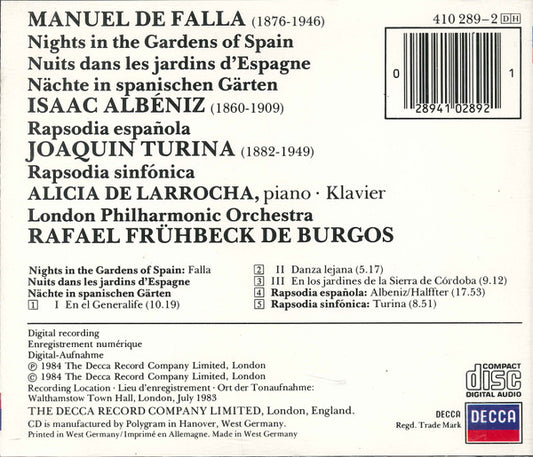 Manuel De Falla, Isaac Albéniz, Joaquín Turina, Alicia De Larrocha, London Philharmonic Orchestra, Rafael Frühbeck De Burgos : Nights In The Gardens Of Spain (CD, Album)