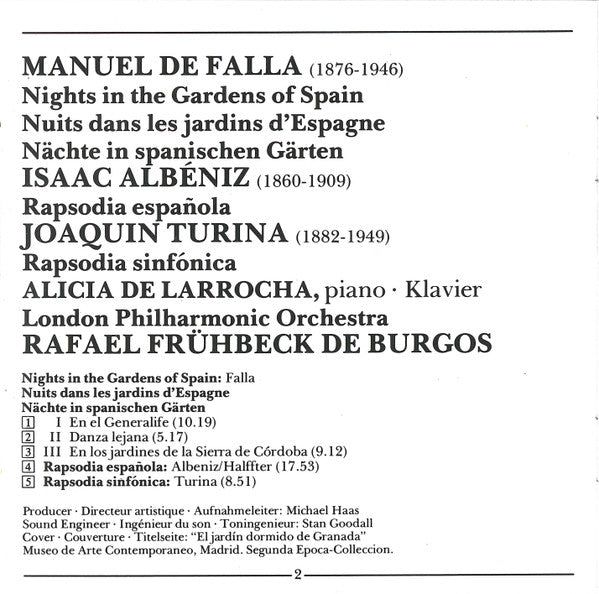 Manuel De Falla, Isaac Albéniz, Joaquín Turina, Alicia De Larrocha, London Philharmonic Orchestra, Rafael Frühbeck De Burgos : Nights In The Gardens Of Spain (CD, Album)