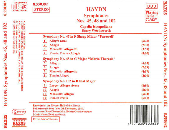 Joseph Haydn, Capella Istropolitana, Barry Wordsworth : Symphonies (No. 45 "Farewell" / No. 48 "Maria Theresia" / No. 102) (CD, Album)