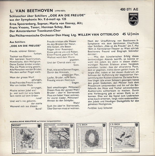 The Hague Philharmonic - Willem Van Otterloo - Ludwig van Beethoven : Schlußchor Über Schillers Ode "An Die Freude" Aus Der Symphonie Nr. 9 D-Moll Op. 125 (7", Mono)
