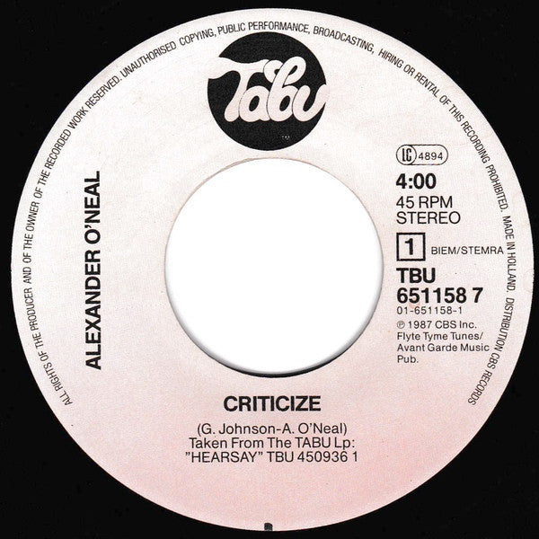 Alexander O'Neal : Criticize (7", Single)