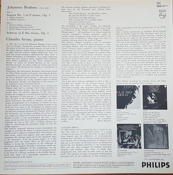 Johannes Brahms / Claudio Arrau : Sonata No. 3 / Scherzo, Op. 4 (LP, RP)